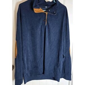 Men's Navy Blue Corduroy Sweatshirt Size L Suede Collar Elbow Patches 1/4 Snap